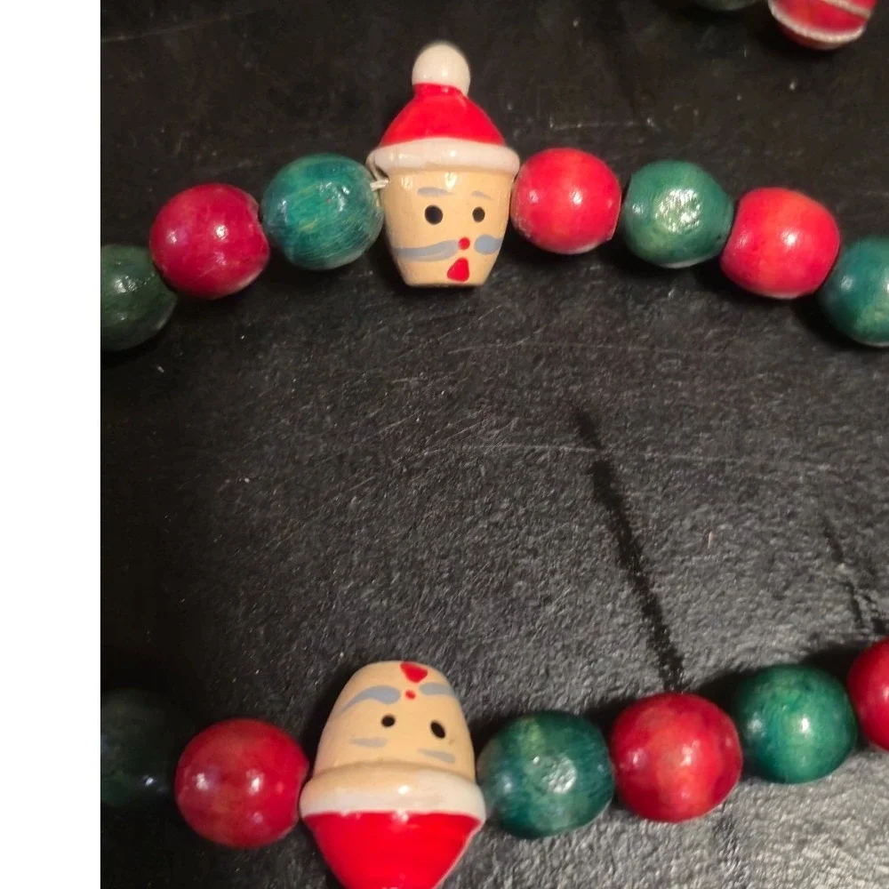 Vintage Christmas Wood Bead Garland Set Santa Snowman Red Green 95‎ inches
